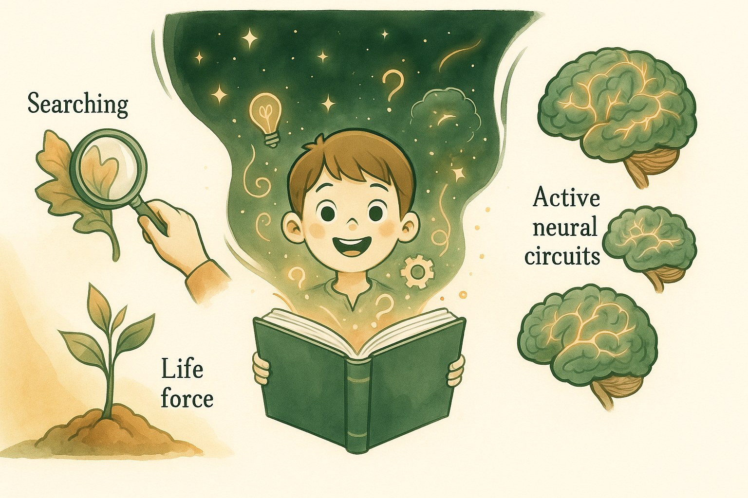 Watercolour infographic of a smiling child reading, with a magnifying glass, a sprouting plant and a glowing brain showing how curiosity drives learning