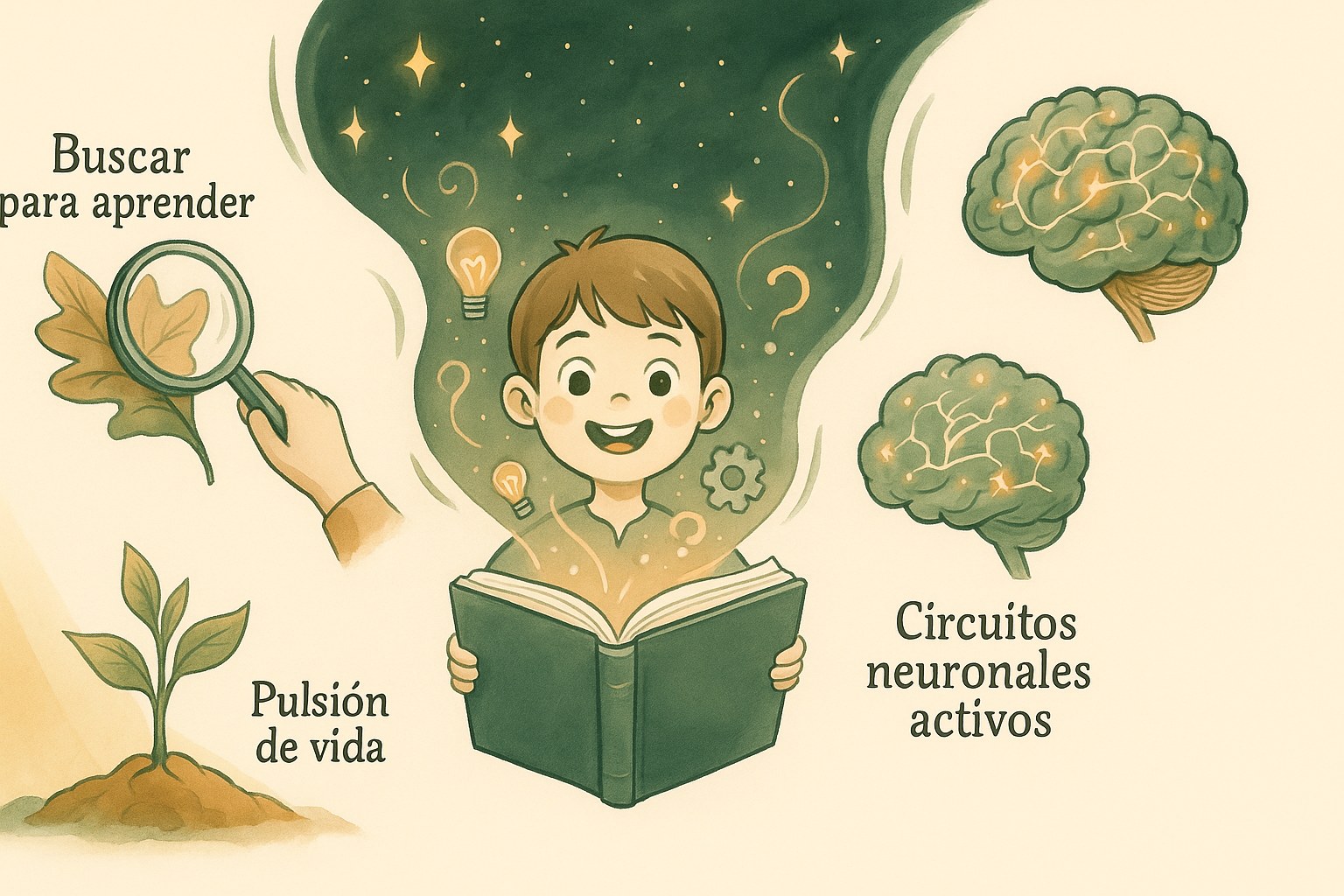 Infografía en acuarela de un niño sonriente leyendo, con una lupa, una planta brotando y un cerebro luminoso que muestra cómo la curiosidad impulsa el aprendizaje