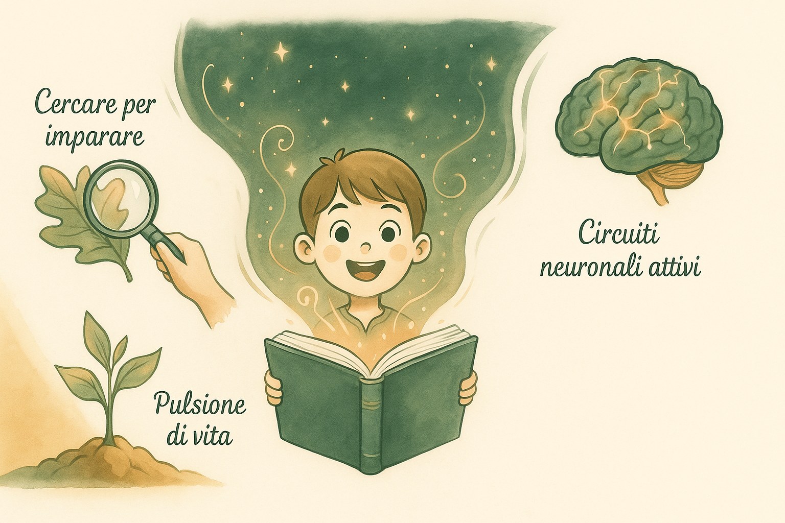 Infografica ad acquerello di un bambino sorridente che legge, con una lente d'ingrandimento, una piantina che germoglia e un cervello luminoso, che mostra come la curiosità guida l'apprendimento, con etichette in italiano