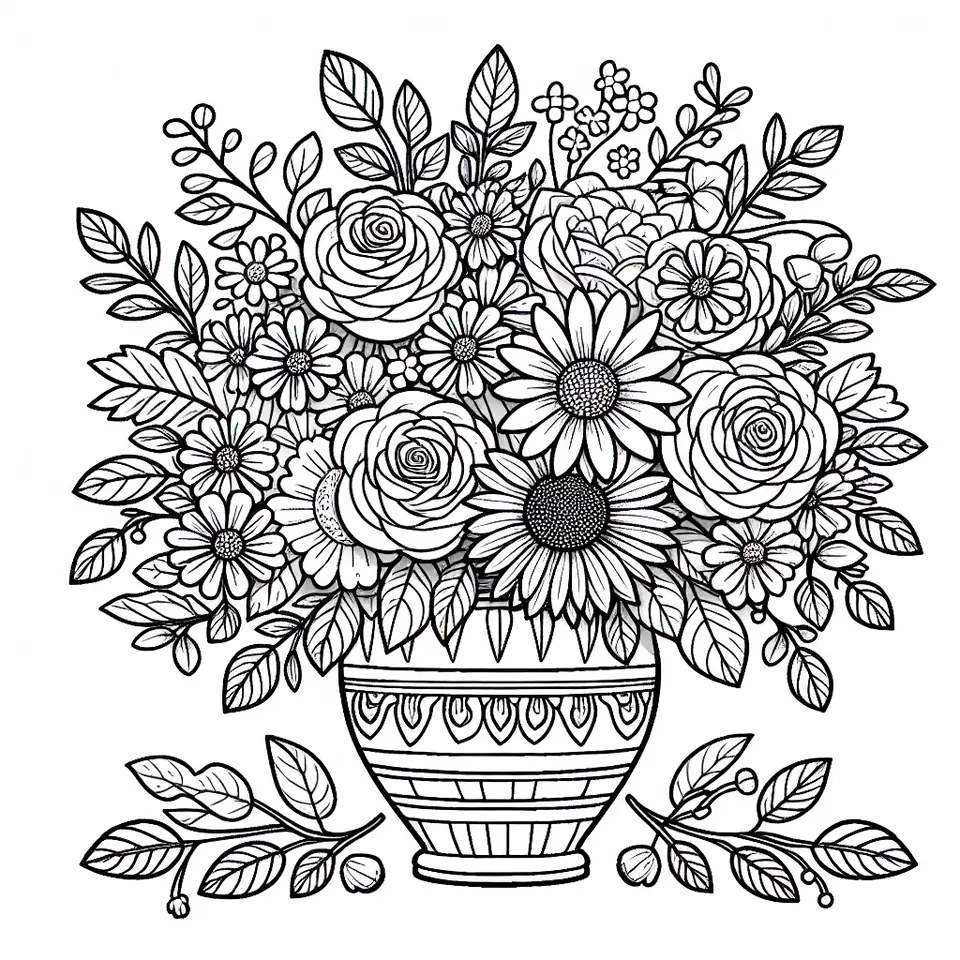 Mazzo di fiori in un vaso decorato da stampare