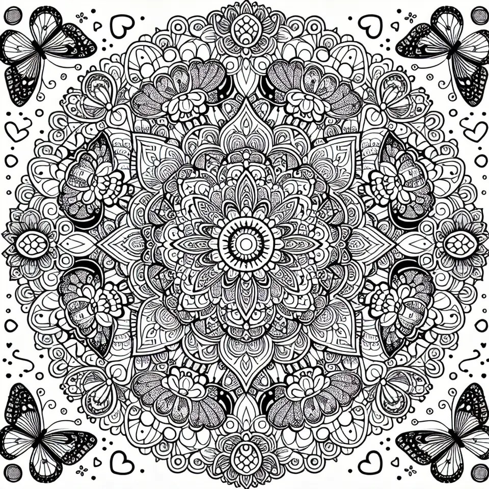 Mandala con farfalle, fiori e cuori da stampare