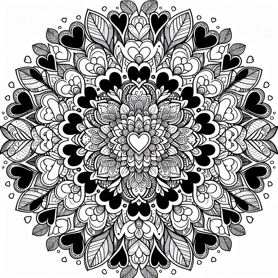 Mandala con cuori e fiori in motivo simmetrico da stampare