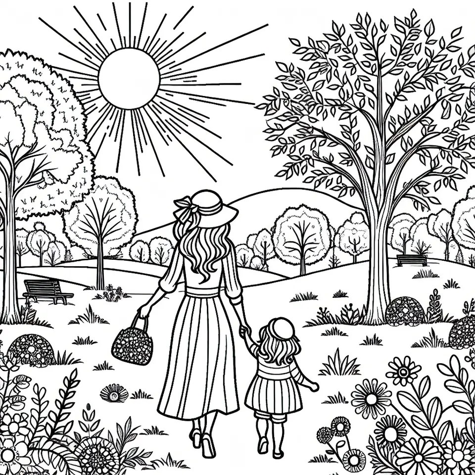 Mamma e bambino che passeggiano mano nella mano al parco da stampare