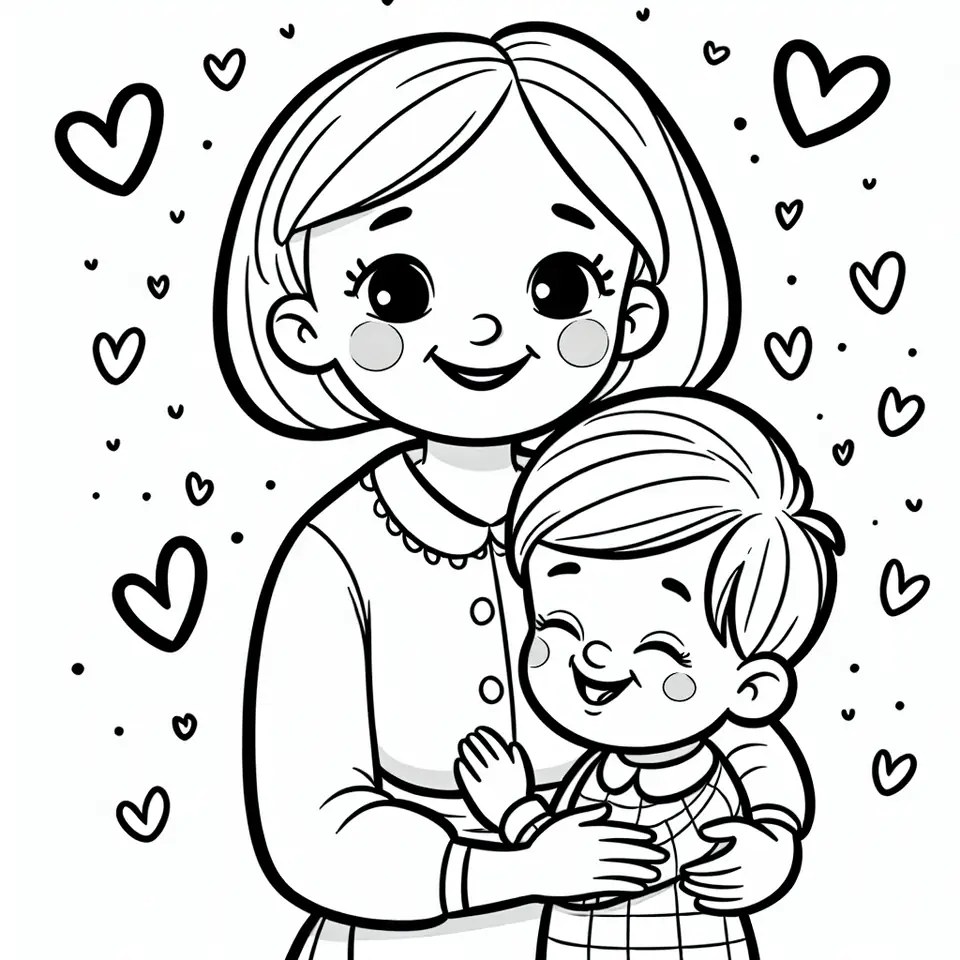 Mamma che abbraccia il suo bambino con dei cuori da stampare