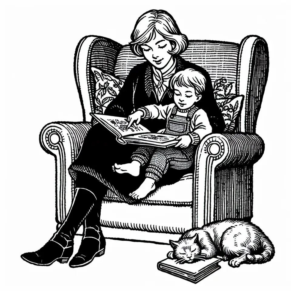 Mamma che legge un libro al suo bambino sulle ginocchia da stampare