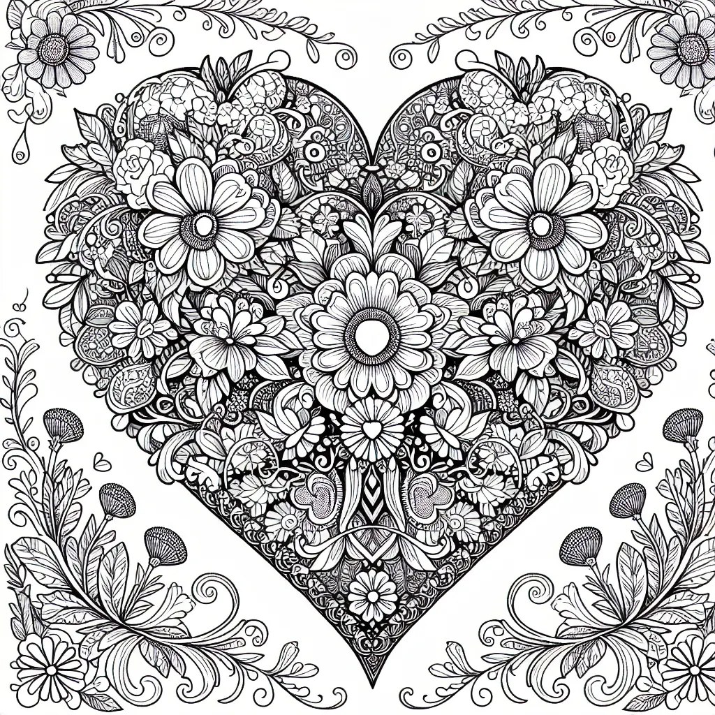 Cuore ornato pieno di motivi floreali da stampare