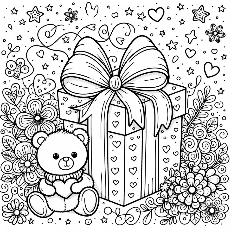 Regalo per la Festa della Mamma con un orsacchiotto, cuori e fiori da stampare