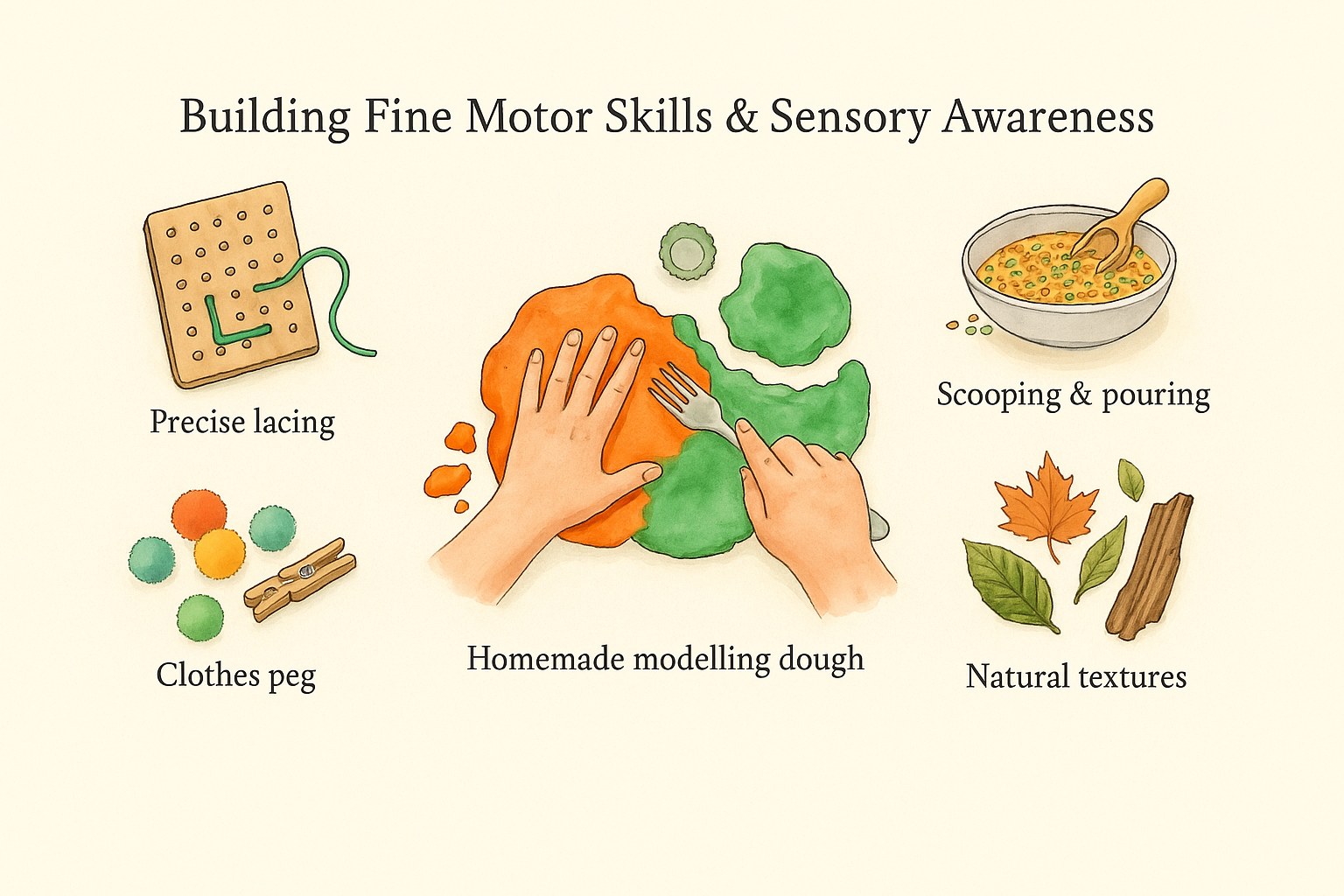 Fine motor skills activities: lacing card, clothes pegs, homemade modelling dough, scooping and natural textures, each labelled in English