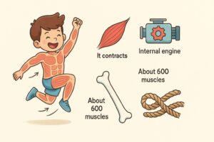 Teaching diagram showing the muscles of the human body explained for kids