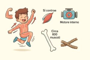 Schema didattico che mostra i muscoli del corpo umano spiegati ai bambini