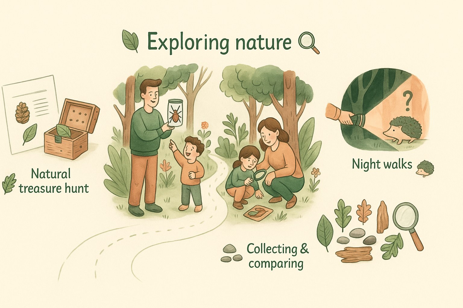 Children exploring nature with a magnifying glass and a notebook