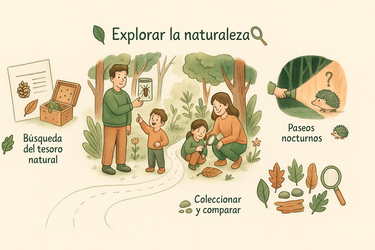 Niños explorando la naturaleza con una lupa y un cuaderno