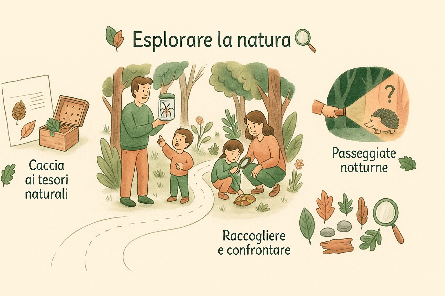 Bambini che esplorano la natura con una lente e un quaderno