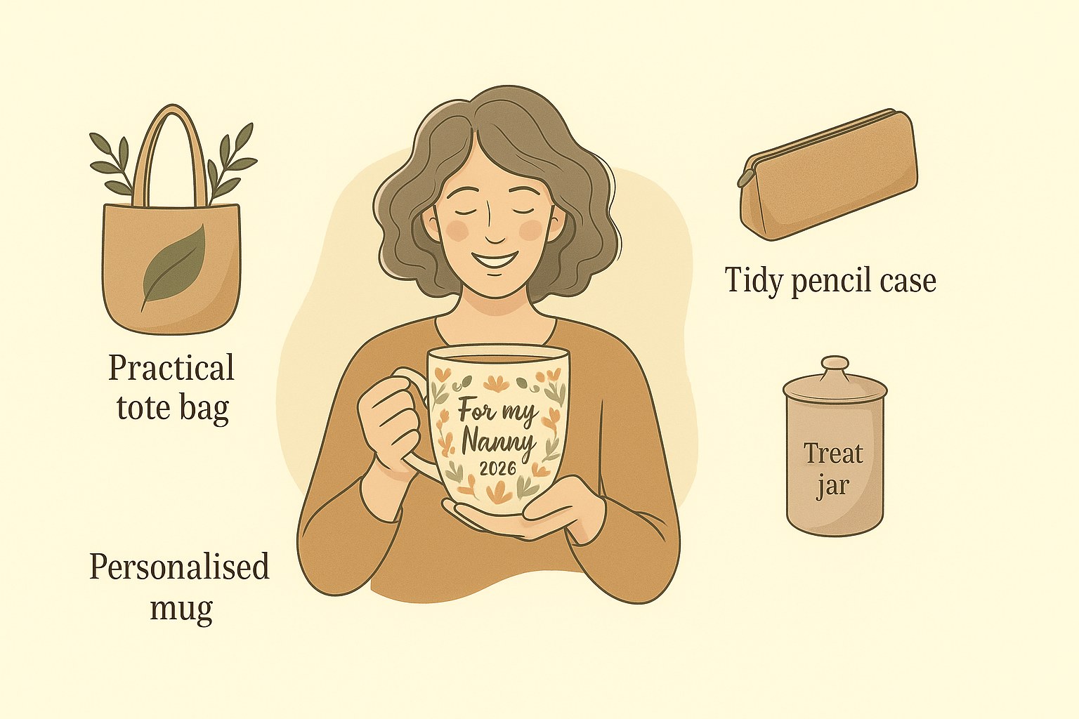 Personalised nanny gift ideas: a floral mug, a tote bag, a pencil case and a treat jar