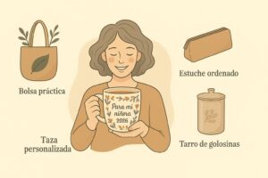 Ideas de regalos personalizados para ninera: una taza floral, una bolsa de tela, un estuche y un tarro de golosinas