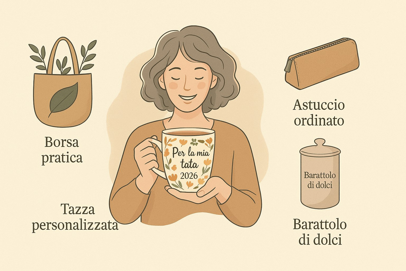 Una selezione di regali personalizzati per la tata con una tazza e una borsa di stoffa