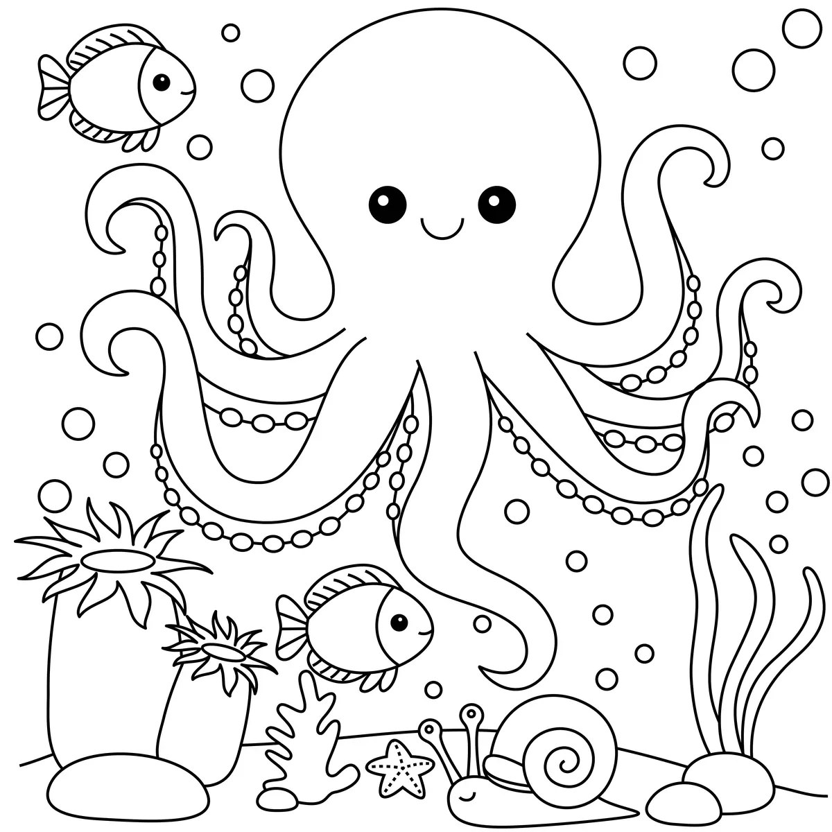 disegno di un polpo kawaii circondato da pesci e anemoni da stampare