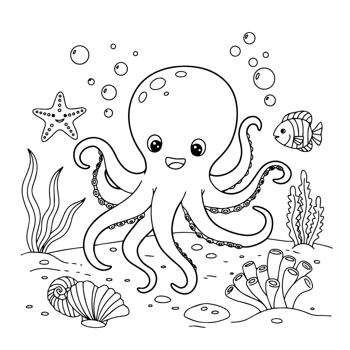 disegno di un polpo circondato da conchiglie e stelle marine da stampare