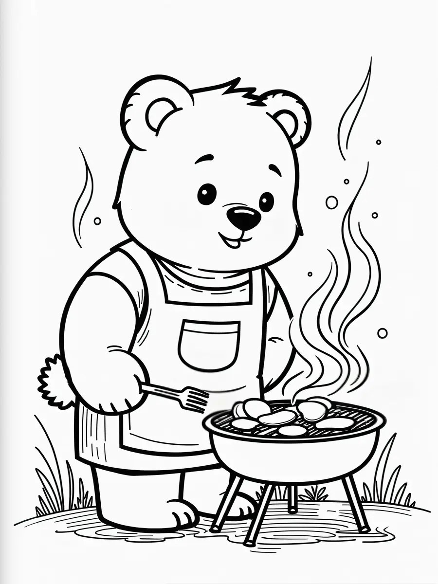 kawaii cook bear cub at the barbecue colouring page to print