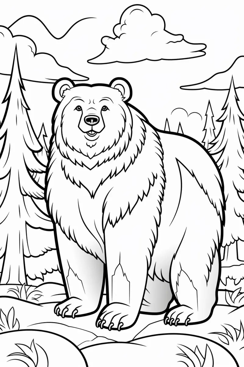 big brown bear in a clearing colouring page to print