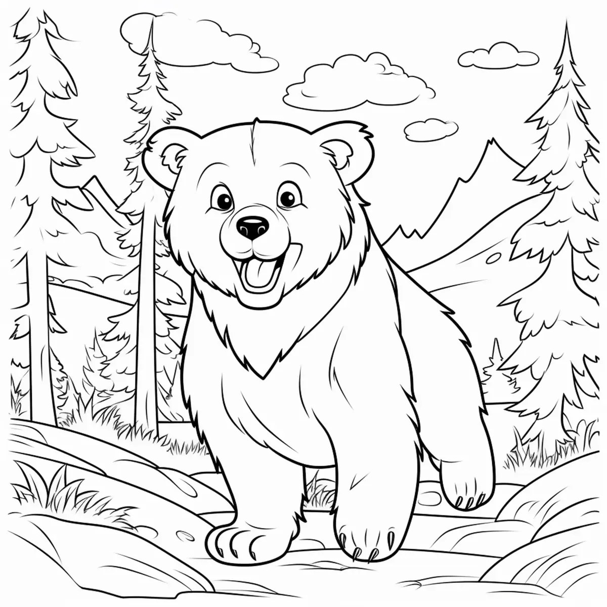 smiling bear cub in the forest with mountains colouring page to print