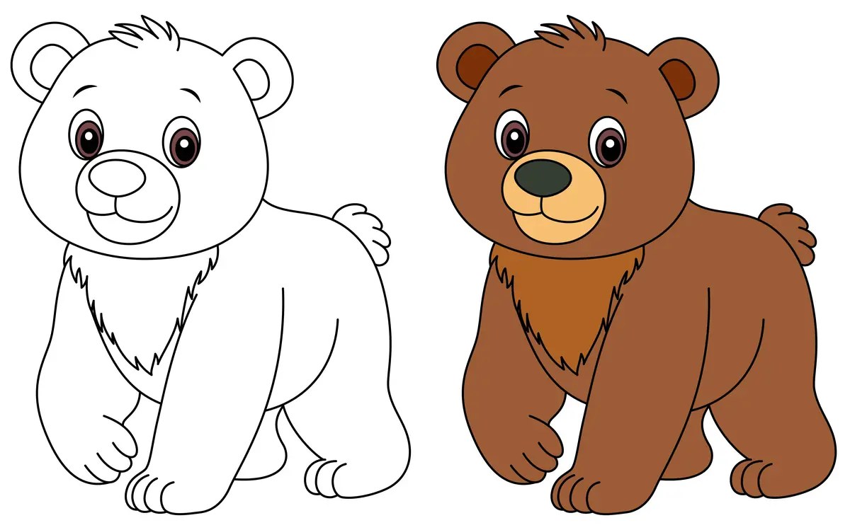 kawaii bear cub with a colour model colouring page to print