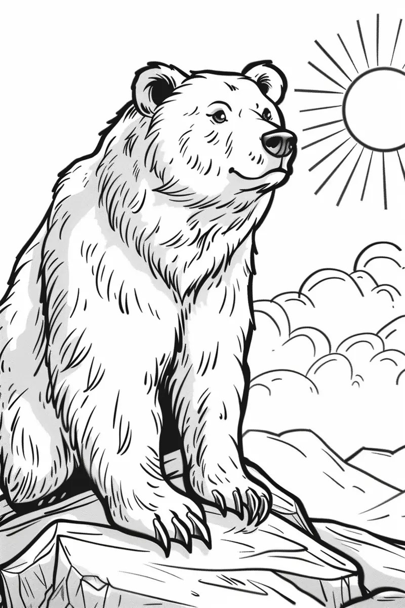 brown bear on the mountain with the sun colouring page to print