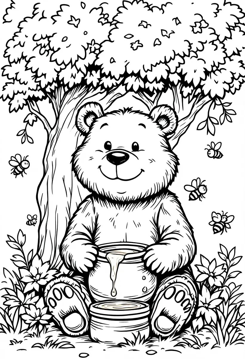bear cub with a honey pot and bees colouring page to print