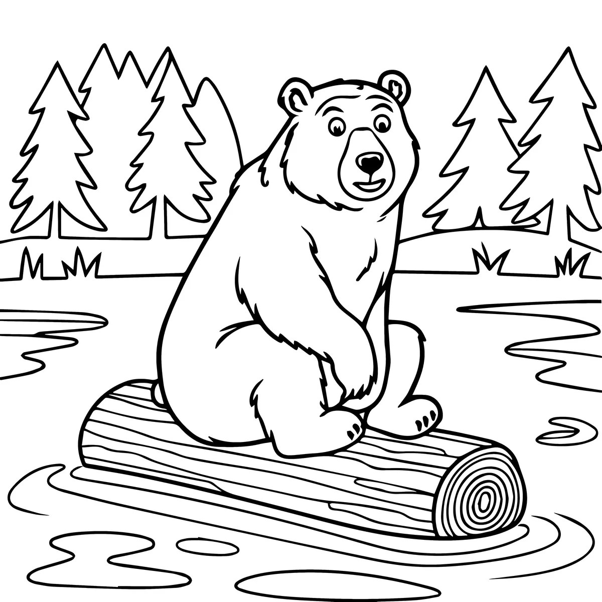 bear sitting on a log by the lake colouring page to print