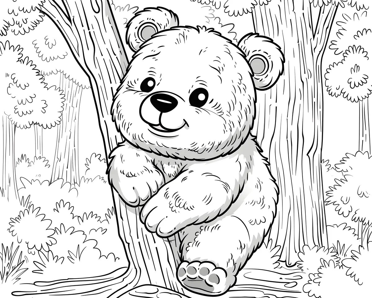 Osito kawaii trepando a un árbol en el bosque para colorear e imprimir