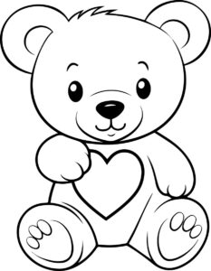 Teddy bear holding a heart on its tummy colouring page to print