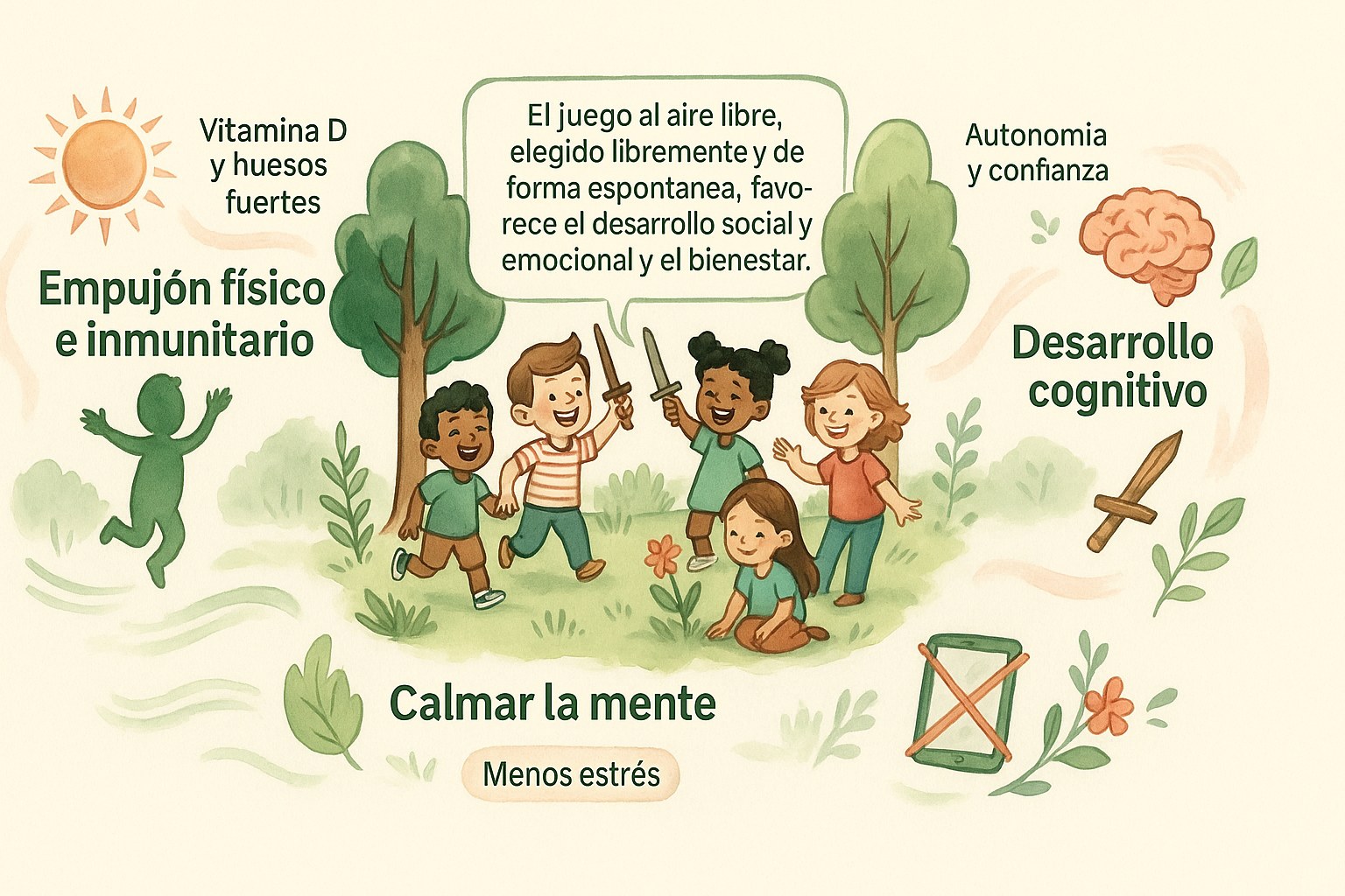 Niños jugando felices en un parque verde y soleado