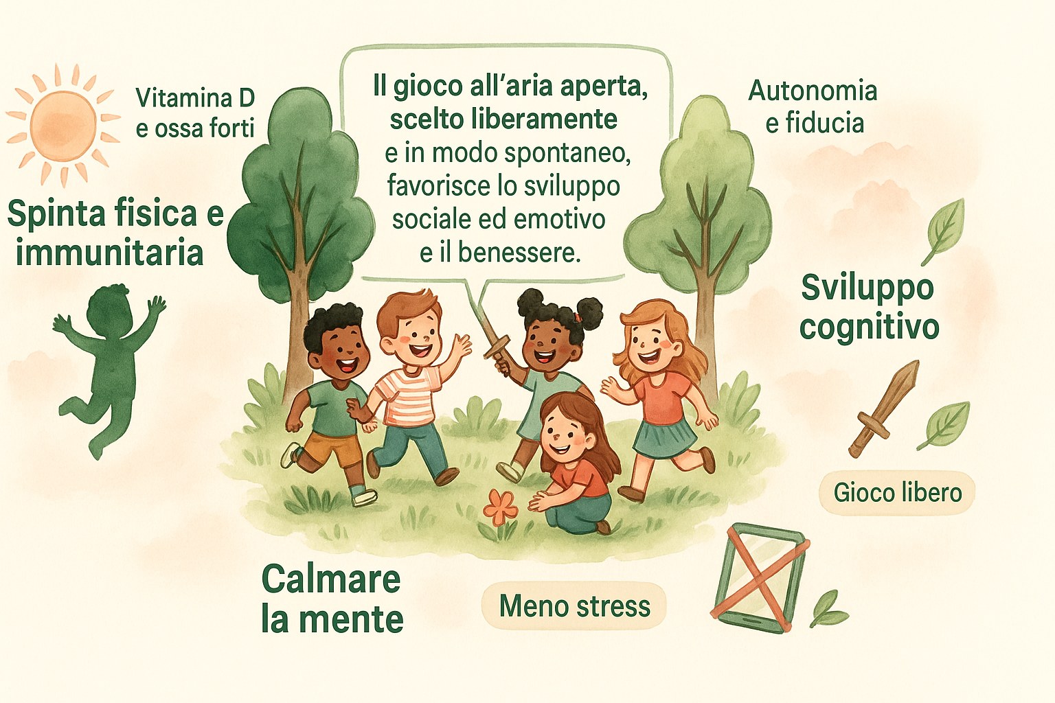 Bambini che giocano felici in un parco verde e soleggiato