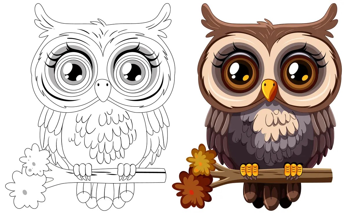 Dibujo de búho real de otoño con modelo en color para imprimir