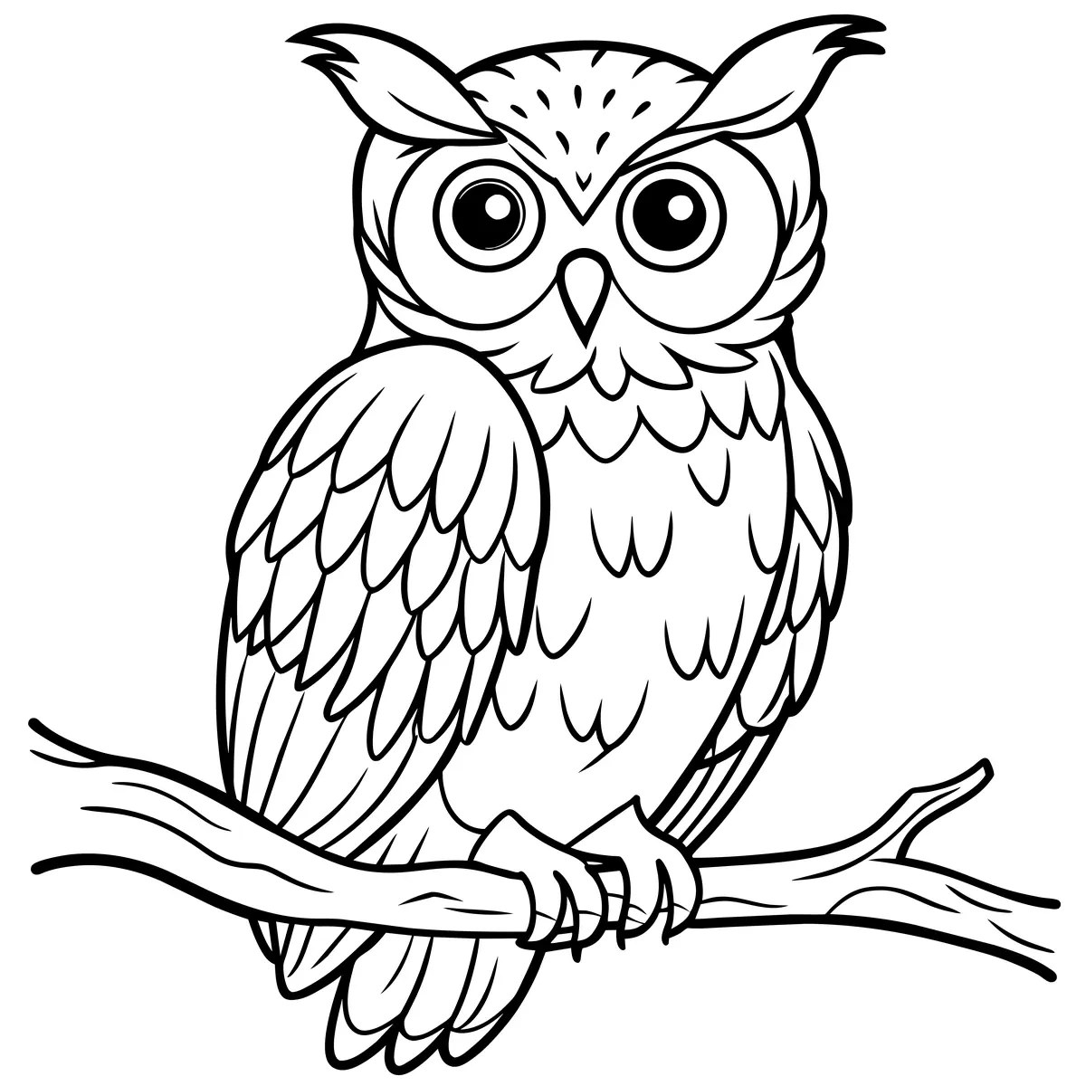 Cute cartoon owl with detailed feathers on a branch colouring page to print