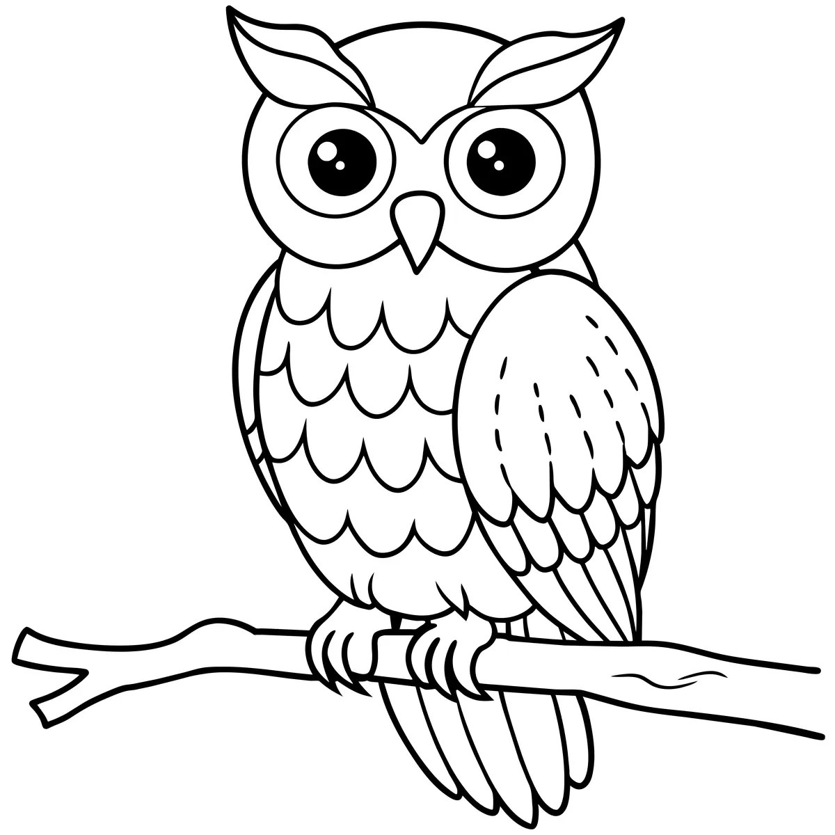 Simple cartoon owl with big eyes on a branch colouring page to print