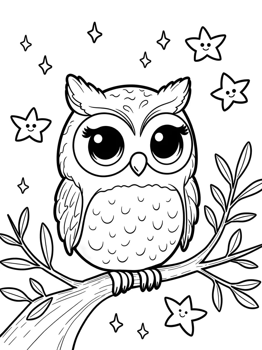 Kawaii owl under the stars colouring page to print