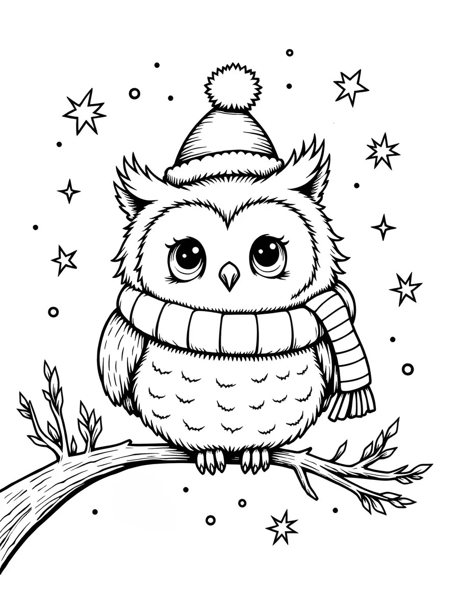 Owl with a pompom hat and striped scarf on a snowy branch colouring page to print