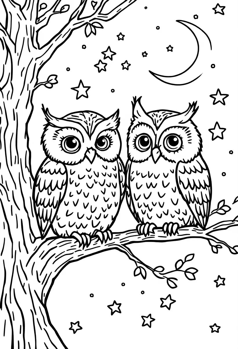 Dibujo de dúo de búhos en la noche estrellada para imprimir