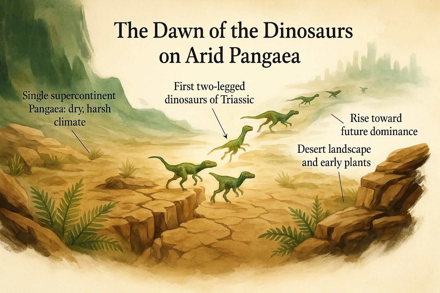 Dry landscape of the supercontinent Pangaea at the dawn of the dinosaur era