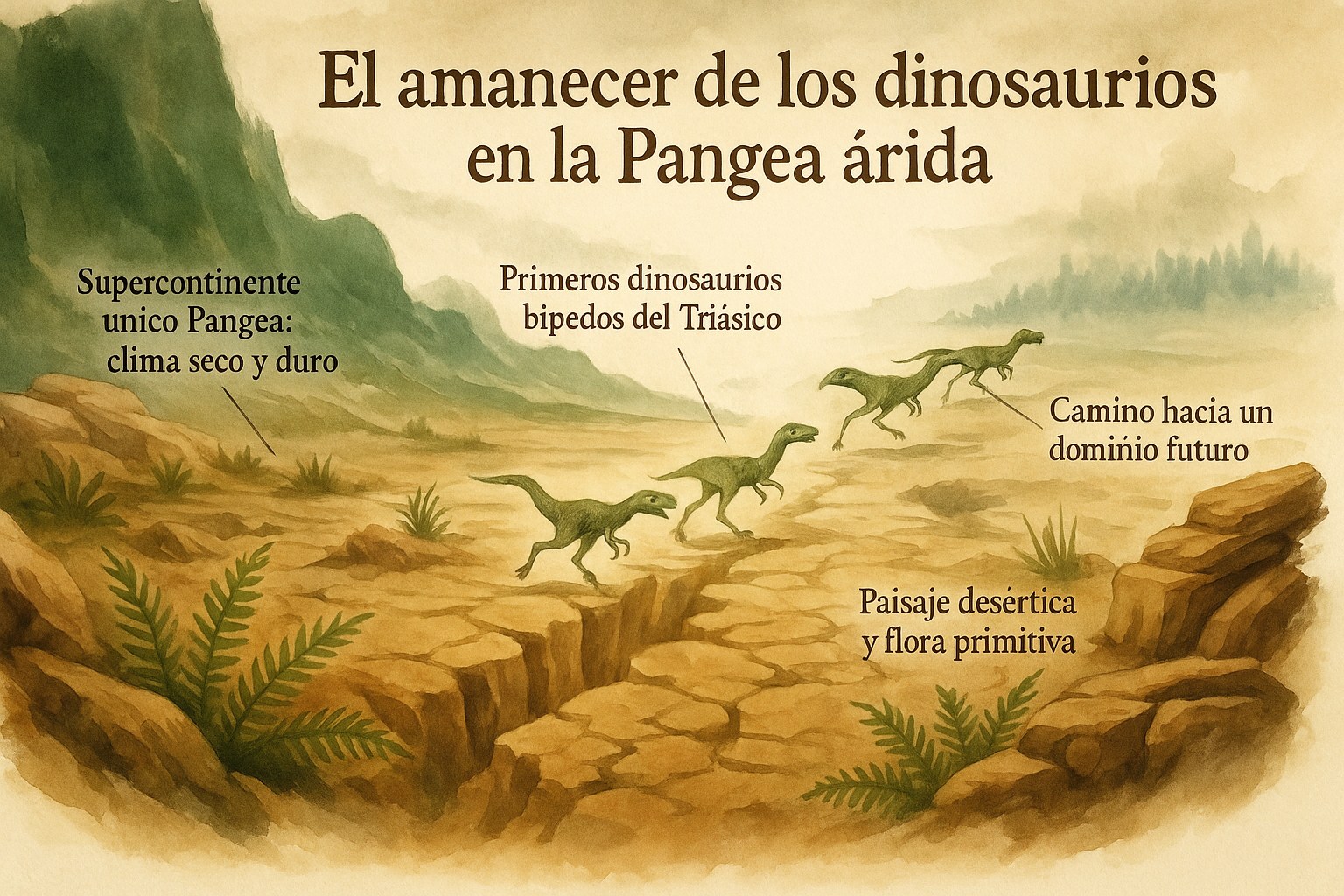 Paisaje árido del supercontinente Pangea al amanecer de la era de los dinosaurios