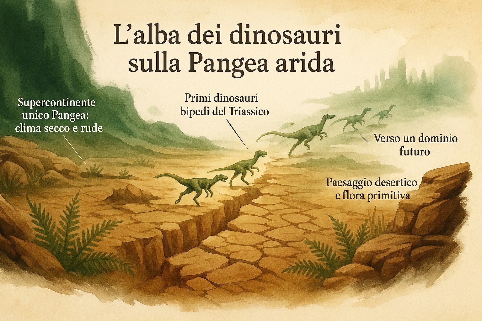 Paesaggio arido del supercontinente Pangea all'alba dell'era dei dinosauri