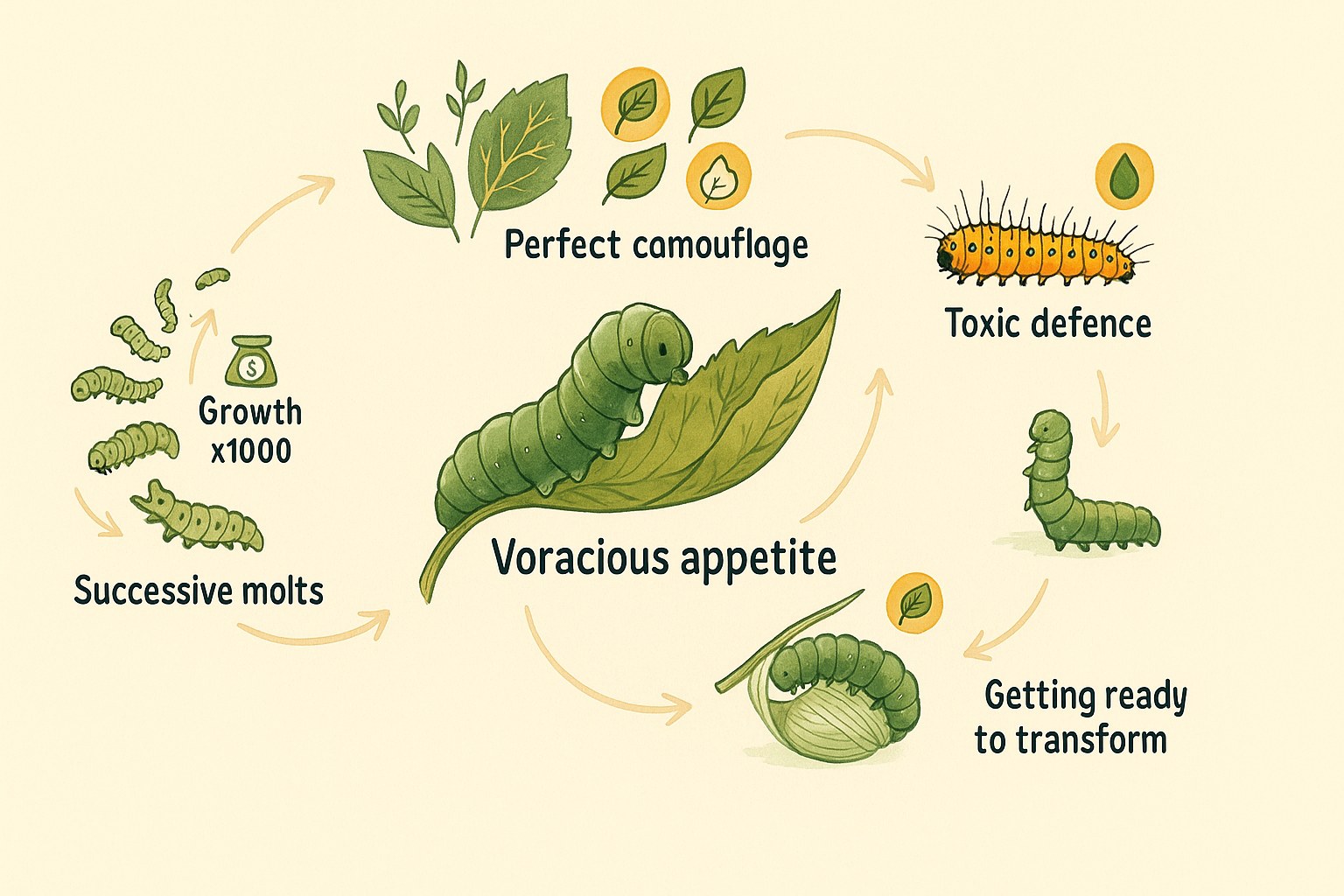 educational illustration showing the stages of a caterpillar growing and changing into a butterfly