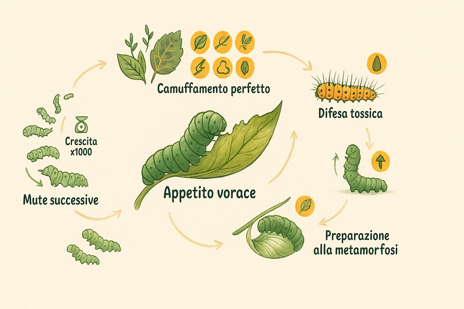 illustrazione educativa che mostra le fasi di crescita e di trasformazione di un bruco in farfalla