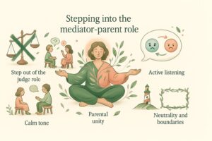 Infographic on the mediator-parent role: stepping out of the judge role, active listening, calm tone, parental unity