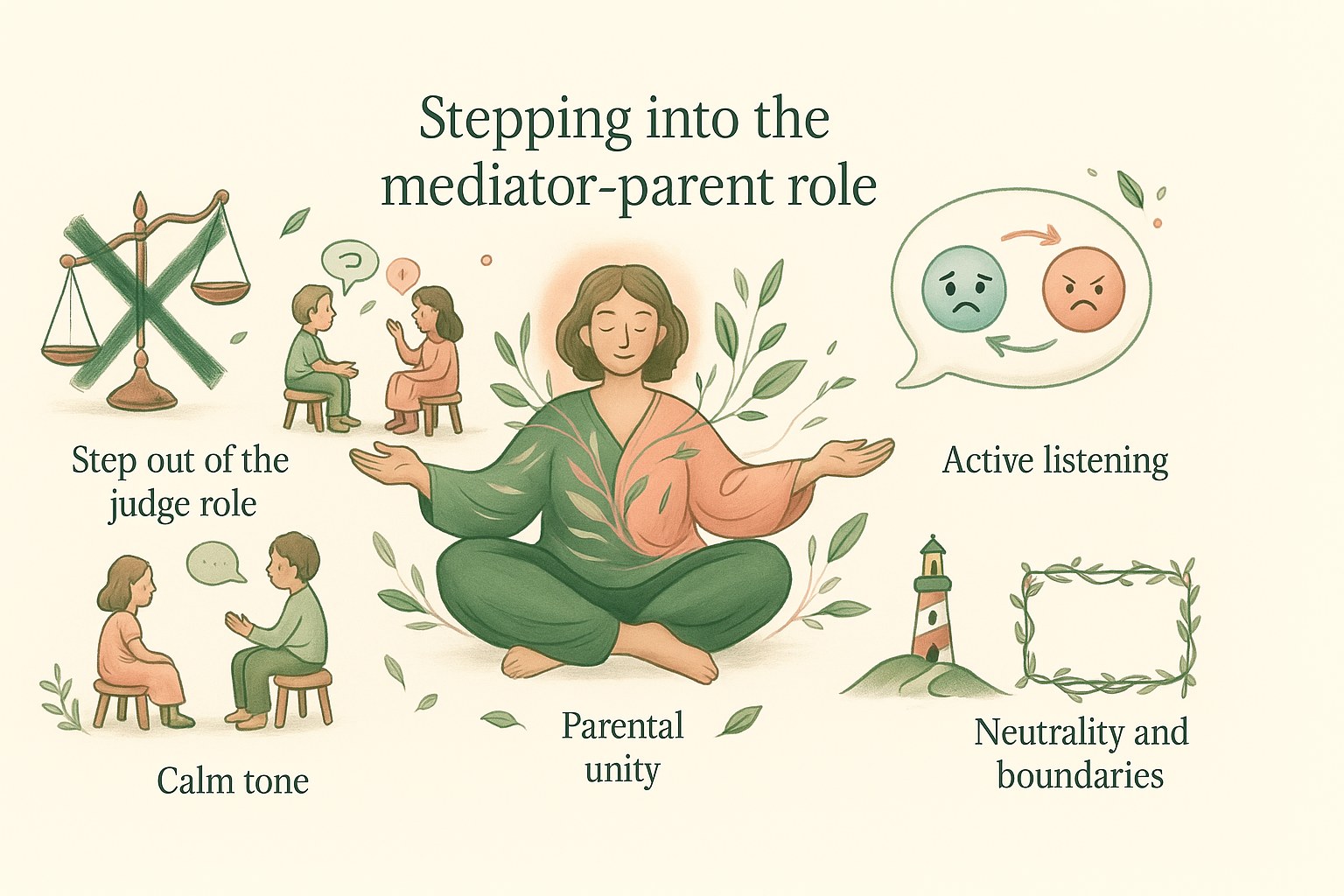 Infographic on the mediator-parent role: stepping out of the judge role, active listening, calm tone, parental unity