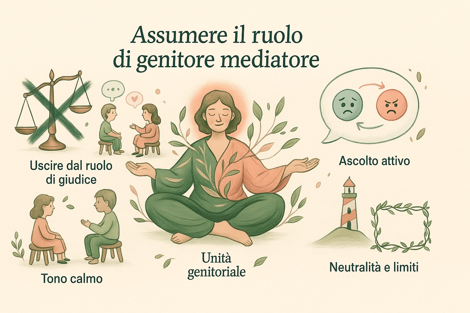 Mamma che ascolta con calma i suoi due bambini durante un litigio, facendo da mediatrice