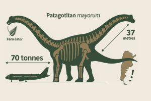 Scale comparison of Patagotitan mayorum next to an airplane, showing its 37-metre length and 70-tonne weight, labelled in English