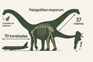 Comparación de tamaño del Patagotitan mayorum junto a un avión, que muestra sus 37 metros de largo y sus 70 toneladas de peso, con etiquetas en español