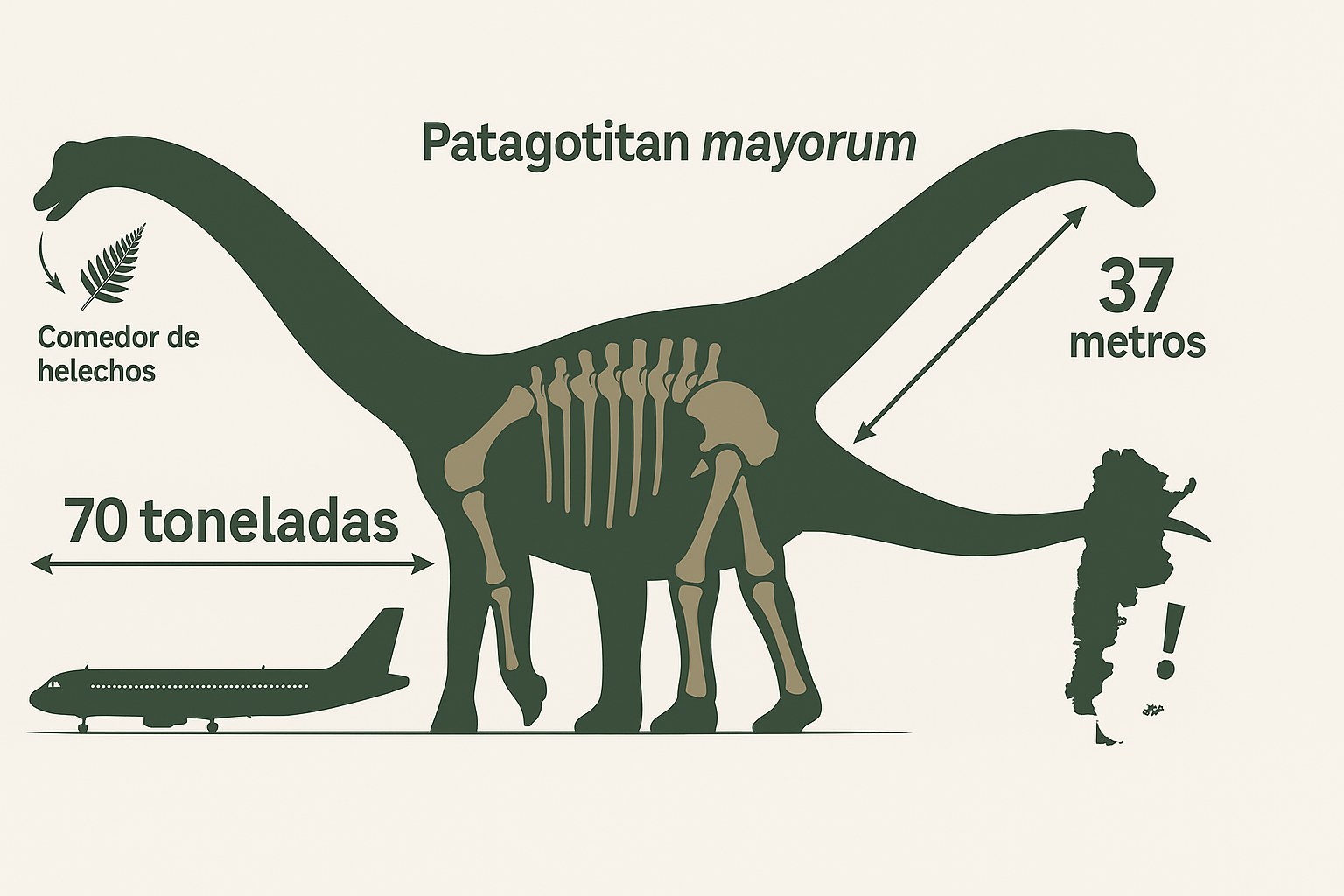 Comparación de tamaño del Patagotitan mayorum junto a un avión, que muestra su tamaño y su peso, con etiquetas en español